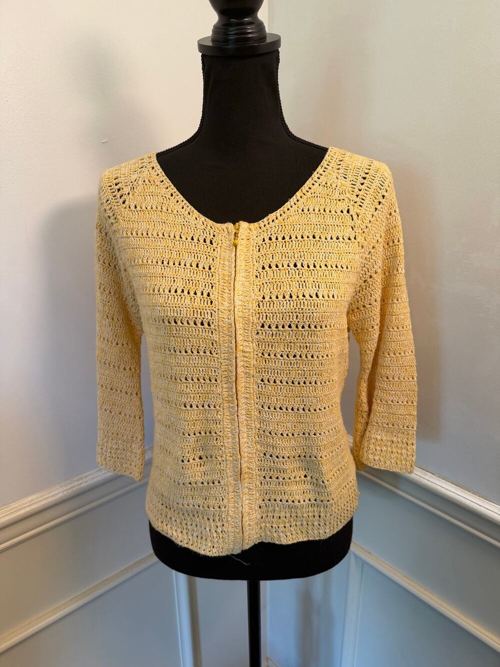 Vintage David Brooks Open Knit Crocheted Zip-Front Yellow Cardigan Sweater Boho